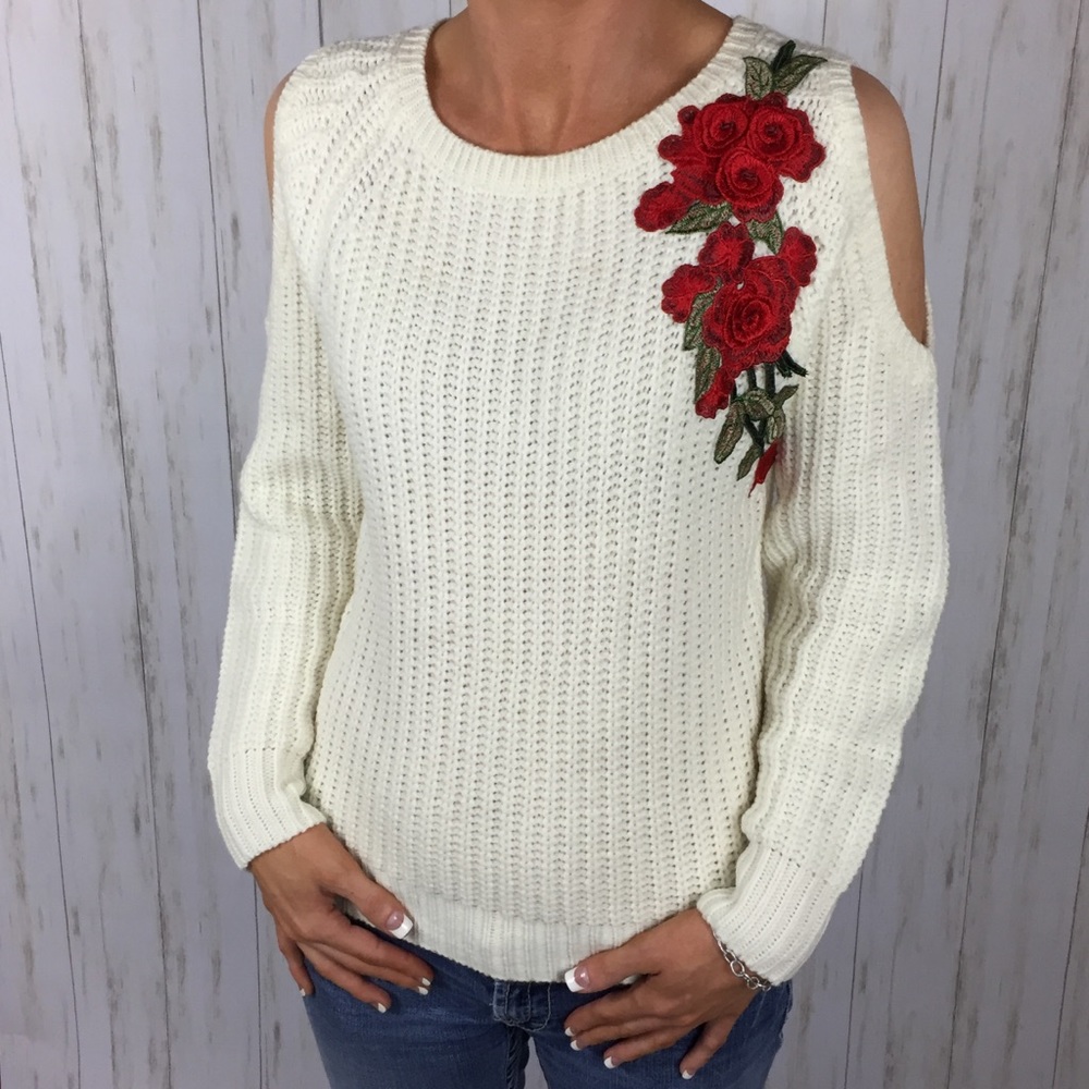 Alice Blue Cream Sweater with Red Floral Design